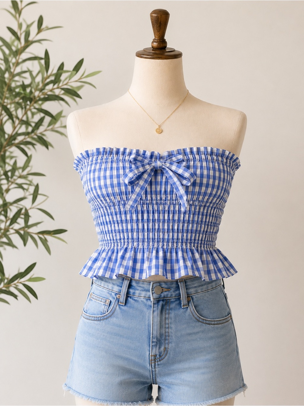 Rebellious One Blue and White Gingham‎ Strapless Smocked Crop Top L NEW